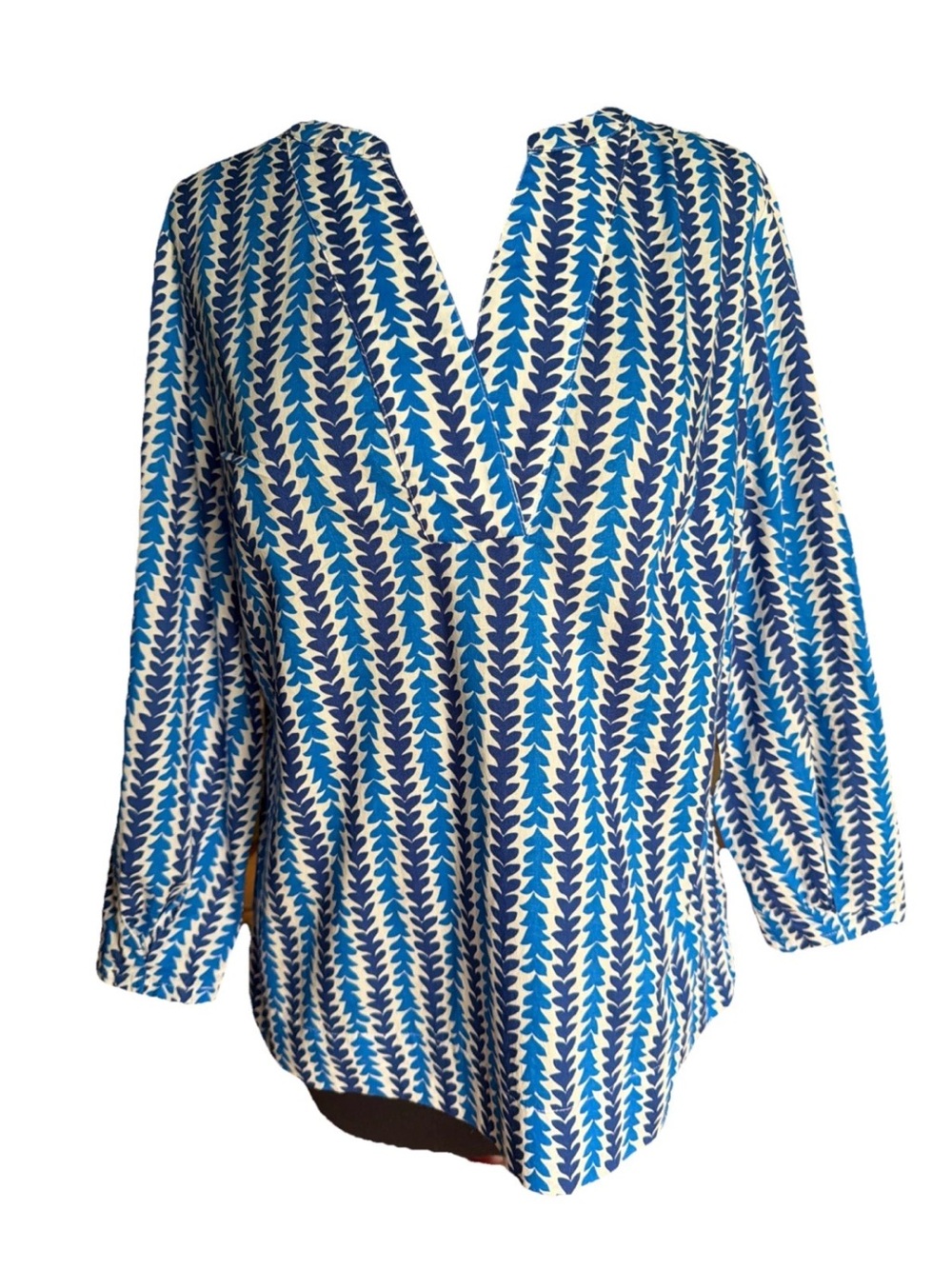 Boden Blue White Geometric Pattern 3/4 Sleeve Top Print Split V-Neck Size US6
